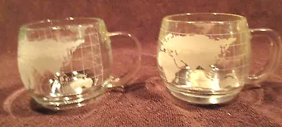 Set Of 2  Nestle  Vintage World Globe Map Etched Clear Glass Coffee Mugs Cups • $15