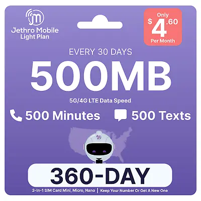 $4.60/Mo Jethro Mobile Prepaid Phone Plan: 500MB Data 500 Talk & Text SIM Card • $55