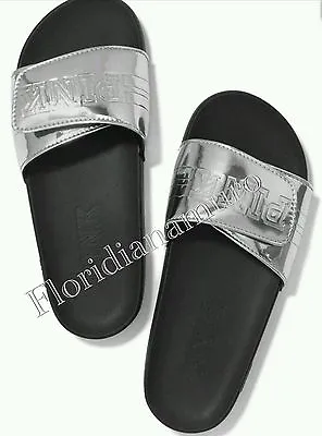 New Victorias Secret PINK Silver Slides Slipper Flip Flops Sandal Big M 7-8 • $32.95