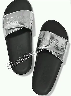 New Victorias Secret PINK Silver Slides Slipper Flip Flops Sandal Big S 5-6 • $28.50