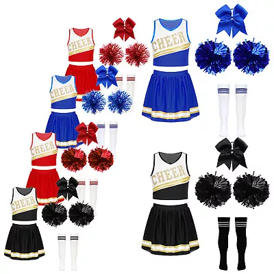 UK Kids Girls Cheer Leader Costume Set Dancewear Uniform Tops Vest And Skirts  • £5.82