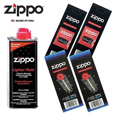 Zippo 4 Fl Oz Fluid Fuel And 2 Vulet Pack ( 12 Flints + 2 Wick ) Gift Set Combo • $10.55