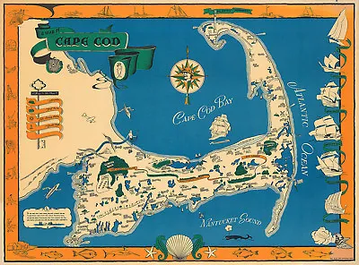 Cape Cod Mid-century Pictorial Map Wall Art Poster Print Decor Art Deco History • $37.95