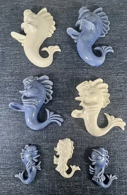 7 Vintage Mid Century Ceramic Fish Top Hat Bathroom Wall Decor Blue & White • $39