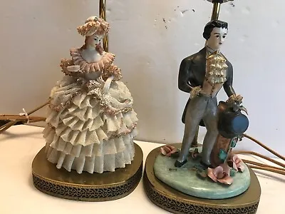 Antique/vintage Pair Of Boudoir Lamps - Lady/dresden Lace Dress Man In Tails • $79.02