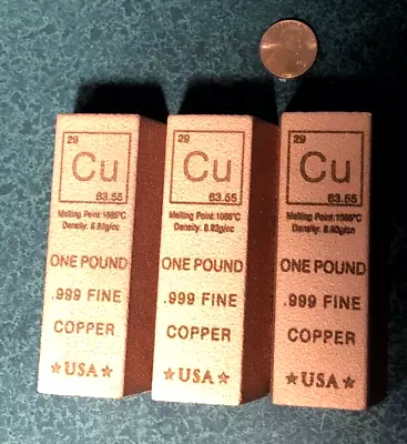 3 Copper Bullion .999 Bars 1 Pound Ea. Element Trapezoid Design USA Made Vintage • $6.50