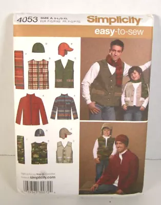 Simplicity 4053 Jacket Vest Hats & Scarf Boys S-L Men's S-XL Pattern Uncut • $10.50