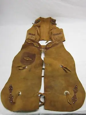 Vintage Childs Kids Youth Western Leather Chaps & Vest Cowboy Costume Sz 2 Small • $39.99