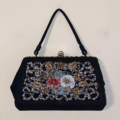 Vintage Hand Beaded Needlepoint Purse 60's CARON OF HOUSTON TX Black Floral • $21.97