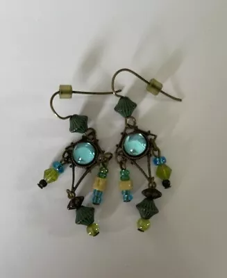 Vintage Brass Tone Colorful Unique Jeweled Beaded Costume Pierced Earrings • $5