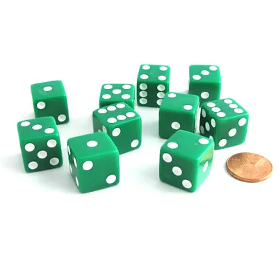 Set Of 10 Six Sided Square Opaque 16mm D6 Dice - Green With White Pip Die • $7.99