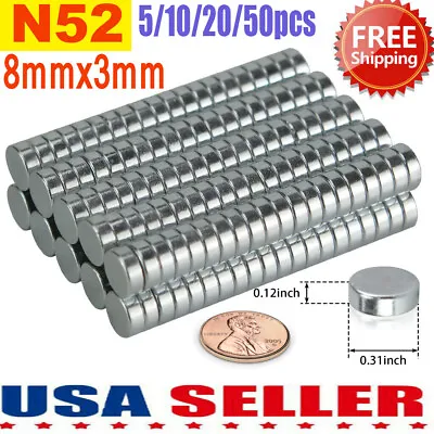 Lot 20 50 100 N52 Neodymium Disc Strong Rare Earth Small Fridge Magnet 8mm X 3mm • $12.87