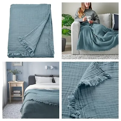 New IKEA Throw Soft Blanket Travel Grey-Blue 100% Cotton 150x200 Cm VALLKRASSING • £24.23
