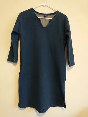 PURE JILL Tunic Shift Dress S/XS* Blue Split Neck 3/4 Sleeve Chambray Oversized • $14.29