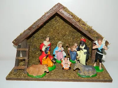 Vintage Christmas Nativity Set Wooden Stable & 9 Empire Made Plastic Figures • £30