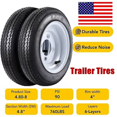 2 Pack 4.8x8 480-8 4.80-8 Trailer Tires 4.8-8 W/ 8'' Rims 4 Lug On 4'' 6PR Wheel • $72.99