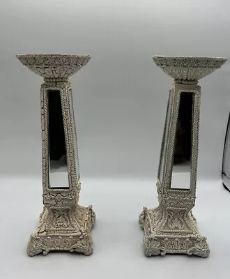 VTG Ivory & Silver Mercury Glass Mirrored Pillar Candle Holder 10  French Style • $39.99