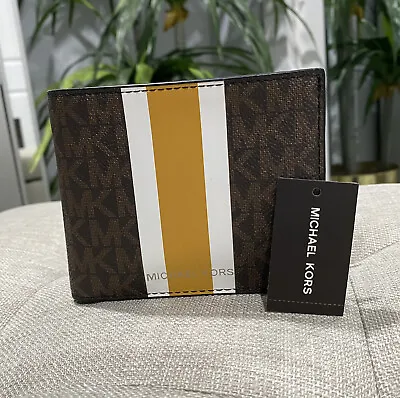 NWT! Michael Kors Men's Cooper Billfold With Passcase Brown/Yellow Striped $178 • $105.95