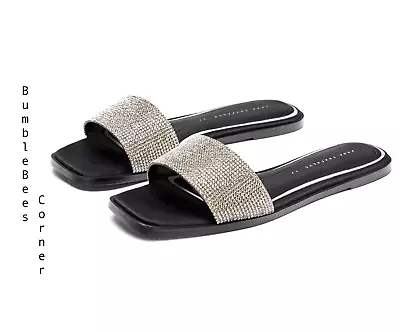 ZARA Slide Sandals SHINY Flats RHINESTONES Vamp BEJEWELED Shoes 38 NWT 3839/301 • £42.42