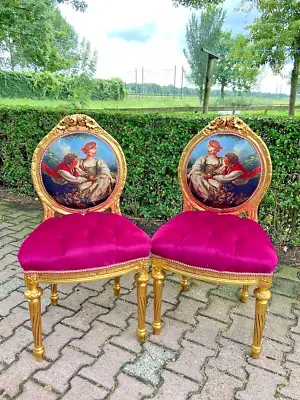 Fuchsia Velvet And Gold: Pair Of 1940's French Louis XVI Style Side Chairs • $1250