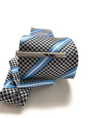 Silver Tie Clip Silver Rhodium Platting Center Crystal Tie Bar With Button Chain • $9.02