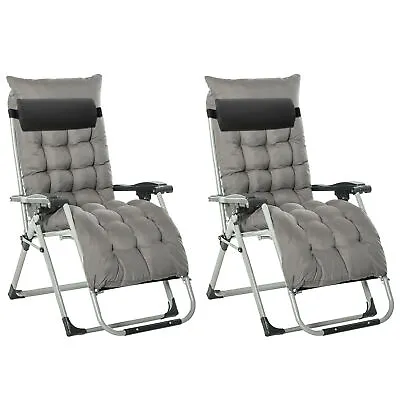 Outsunny 2 PCS Reclining Zero Gravity Chair Folding Lounger Cushion Dark Grey • £85.99