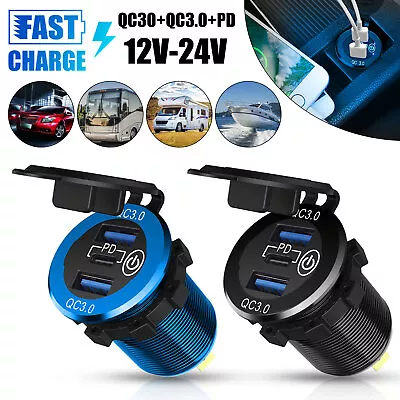 12V-24V Dual USB QC 3.0 + PD Car Fast Charger Socket Power Outlet LED Waterproof • $12.48