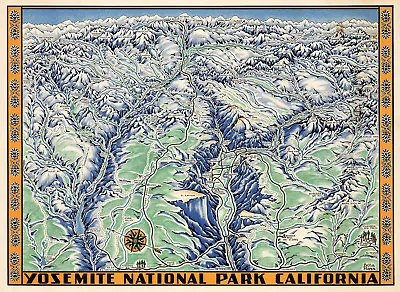 $37.95 • Buy Yosemite Valley National Park California Map Bird's Eye View Wall Poster Vintage