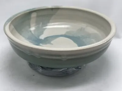Art Pottery Large Serving Bowl Swirl Design Glaze Ombre Blue Green Shades Signed • $33