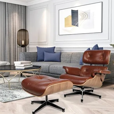 £749 • Buy Aniline Leather Eams Lounge Chair With Stool Ottoman Club Seat Armchair Walnut