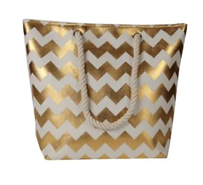 Metallic Gold & White Nautical Rope Handle Beach Shoulder Tote Bag • £11.95