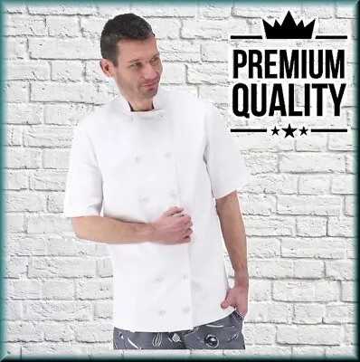 Mens White Premium Deluxe Chef Jacket Short/Long Sleeve Uniform Coat Kitchen • £9.99