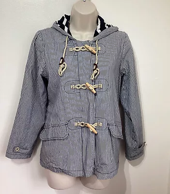 Seasalt Navy Blue Striped Seafolly Tin Cloth Rain Coat UK 10 Jacket Toggles Mac • $18.67