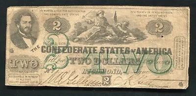 T-43 1862 $2 Two Dollars Csa Confederate States Of America Note *scarce* • $199.95