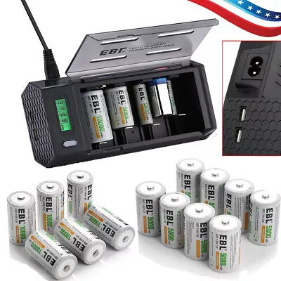 EBL Lot 5000mAh/10000mAh C D Size Cell Ni-MH Rechargeable Batteries /Charger USA • $13.99