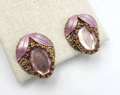 Vtg West Germany Pink Glass Clip Earrings Filigree Enamel Brass Faceted Leaves • $39.99