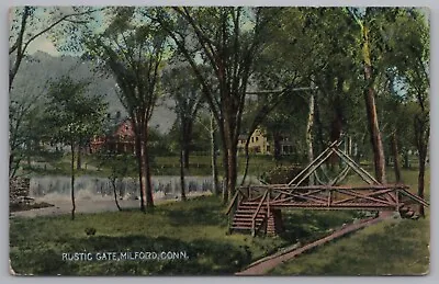 Postcard - Rustic Gate Milford Connecticut Water Fall Nature Home CT 1914 • $7