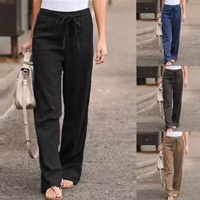 Women Cotton Linen Trousers Straight Leg Casual Loose Summer Slacks Pants Plus • £11.49