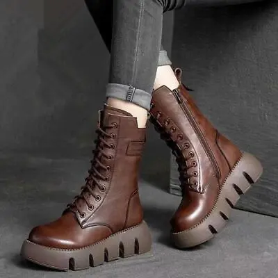 Women Military Height Increase Lace-up High-top Belt Buckle Vintage Ankle Boots • $46.96
