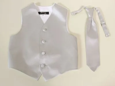 $14.98 • Buy Vest Boys Silver Grey Satin Full Back Neck Tie Tuxedo Ring Bearer Wedding Party 