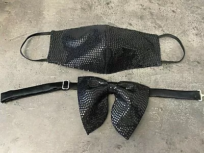 Custom Mens Black Sequin Bow Tie & Face Mask Pre-tied Gift 4 Him Handmade • $23.66