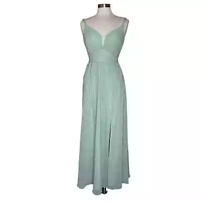 Azazie Rayna A-Line Pleated Chiffon Floor Length Dress Dusty Sage Women’s 2 New • £38.60