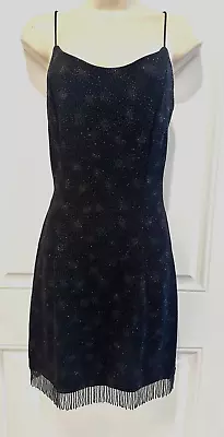 Vintage Women's Bari Jay Black Beaded Fringe Hem Cocktail Dress Size 9-10 • $50.99