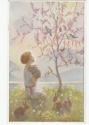 Vintage Postcard Child With Bunny Rabbit Margaret W. Tarrant Morning Carol • $8.99