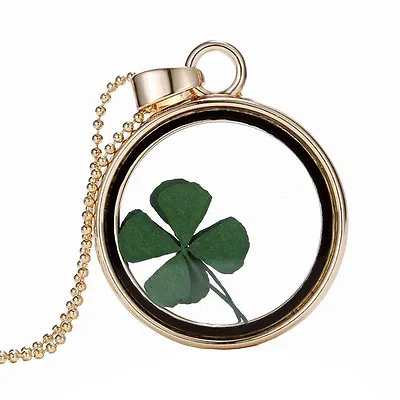 Real Dried Clover Flower Clear Resin Locket Pendant Necklace Four-Leaf D__- • $6.92