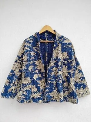Indian HandMade Kantha Quilt Short Jacket Kimono Women Wear Boho Yellow Color • $69.87