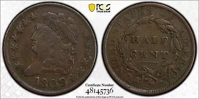 1809/6 9 Over Inverted 9 Classic Head Half Cent. PCGS VF Details With TrueView • $69.99