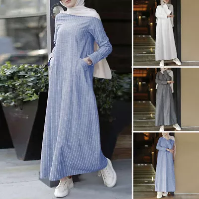 Muslim Women Full Length Maxi Cotton Long Sleeve Striped Side Pocket Shirt Dress • £10.96