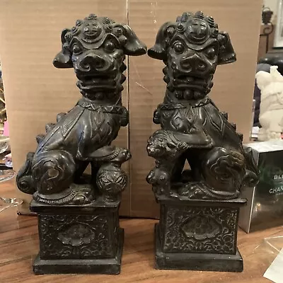 Chinese Pair Of Vintage Stone With Bronze Stain Foo Dog Statues Bookends • $375