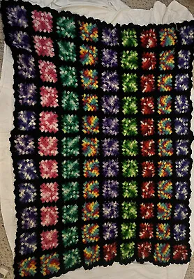Vintage Granny Square Handmade Crochet Afghan Blanket Boho 48” X 44” Thick Heavy • $45